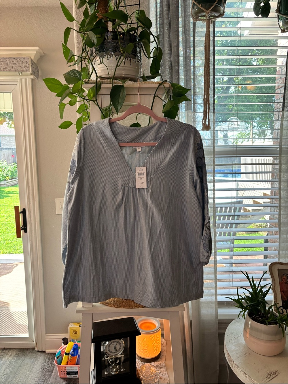 J. Jill Light Blue V-Neck Embroidered Sleeve Tunic